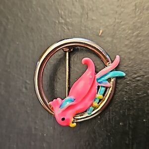 Vintage Enameled Parrot Brooch Pin Pink & Silver
